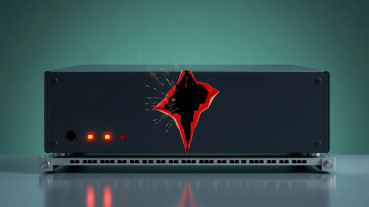 Illustration: A sleek network switch sits on a metal rack with blinking indicator lights.
