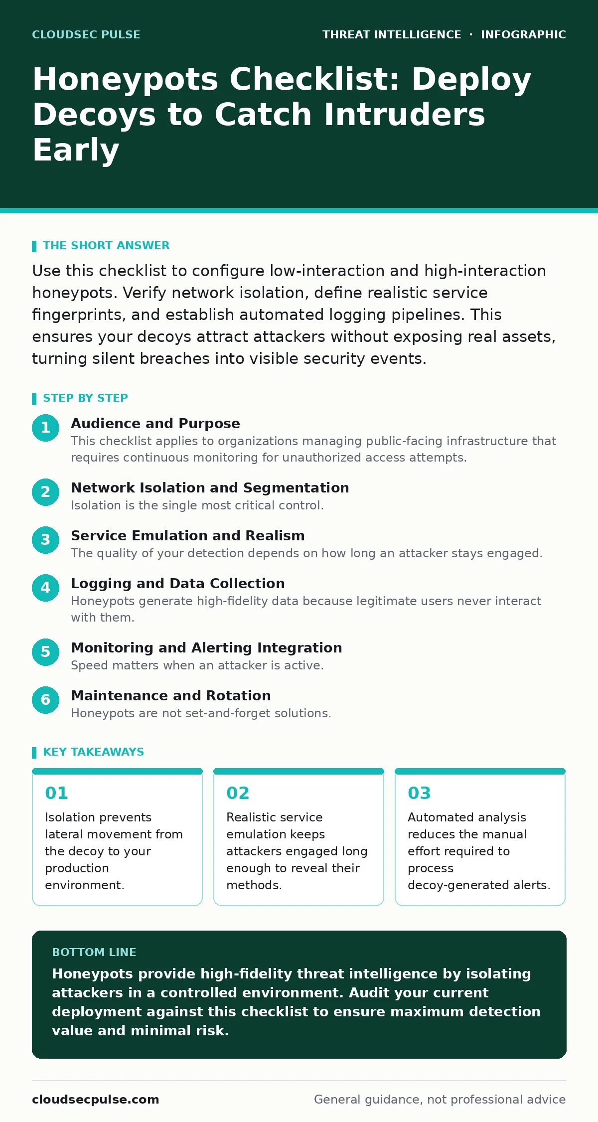 Infographic: Honeypots Checklist: Deploy Decoys to Catch Intruders Early. Isolation prevents lateral movement from the decoy to your production environment. Realistic service emulation keeps attackers engaged long enough to reveal their methods. Automated analysis reduces the manual effort required