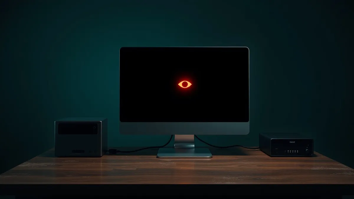 Illustration: A solitary computer monitor sits on a dusty wooden desk in a dark room.