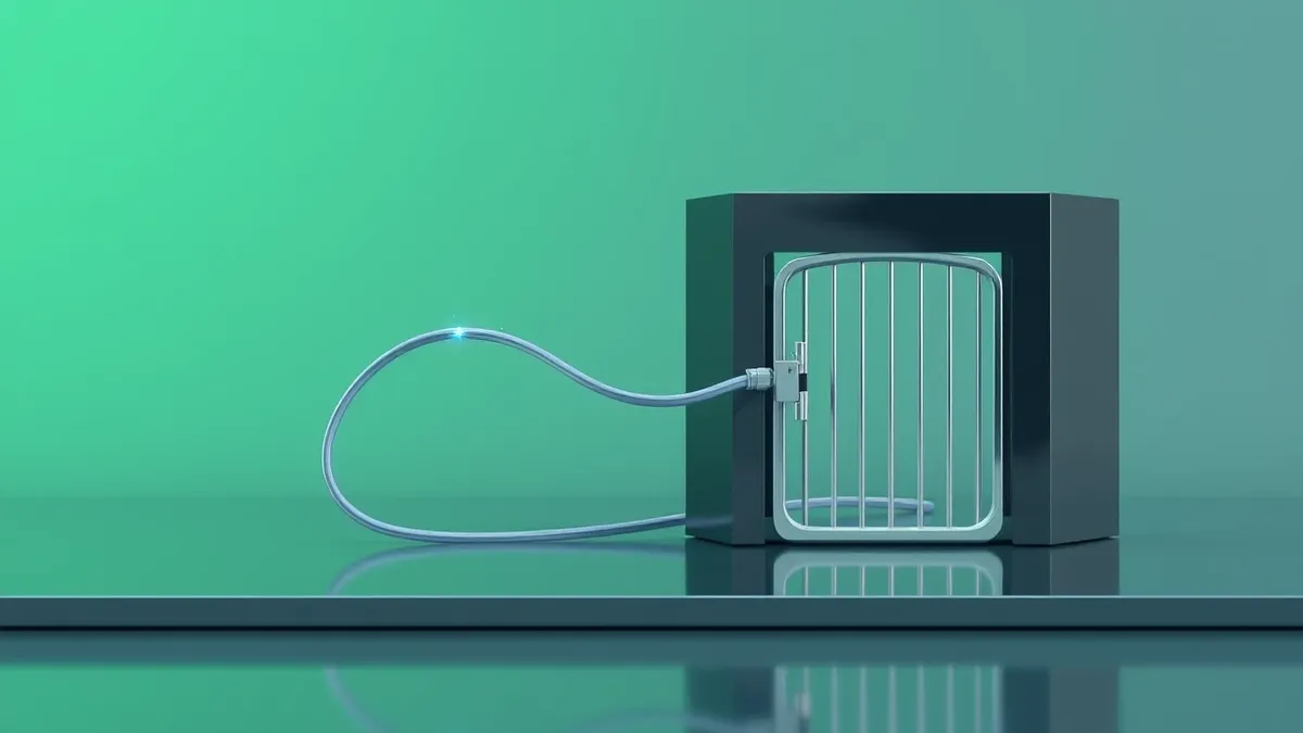 Illustration: A cloud server node sits isolated in a digital void, with a single, thin cable snaking out from its port.