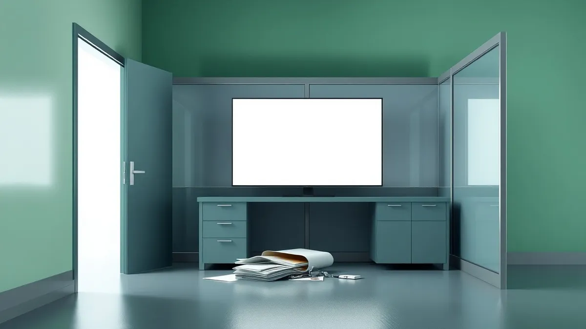 Illustration: An open office cubicle sits empty, its desktop computer screen glowing with a blank white interface.