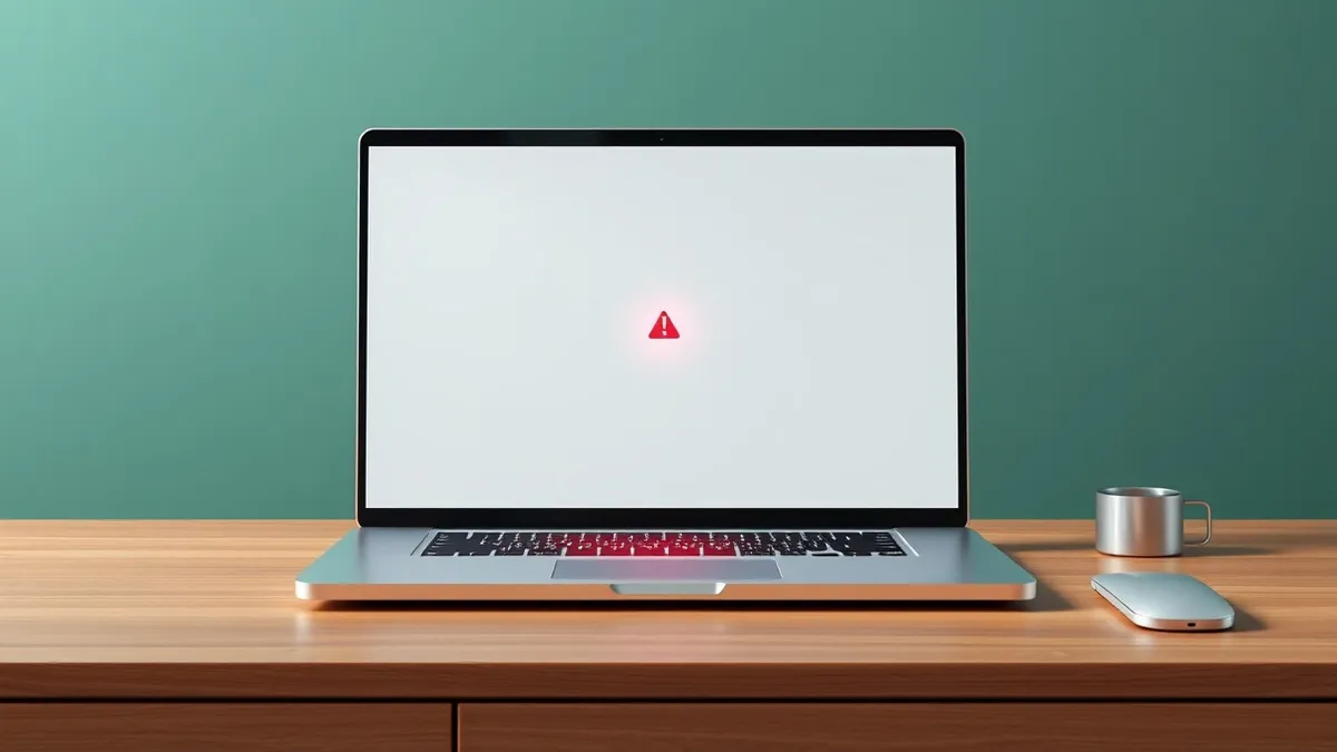 Illustration: A sleek silver laptop sits on a wooden desk with its lid open.