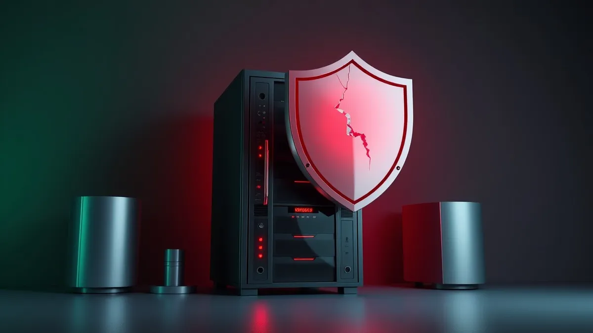Illustration: A self-hosted server rack sits in a dim room, its status lights flashing urgent red.