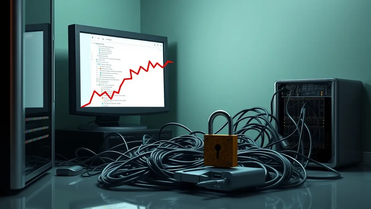 Illustration: A cluttered self-hosted server sits in a dim corner, its single blank monitor displaying a tangled web of exposed configuration files.