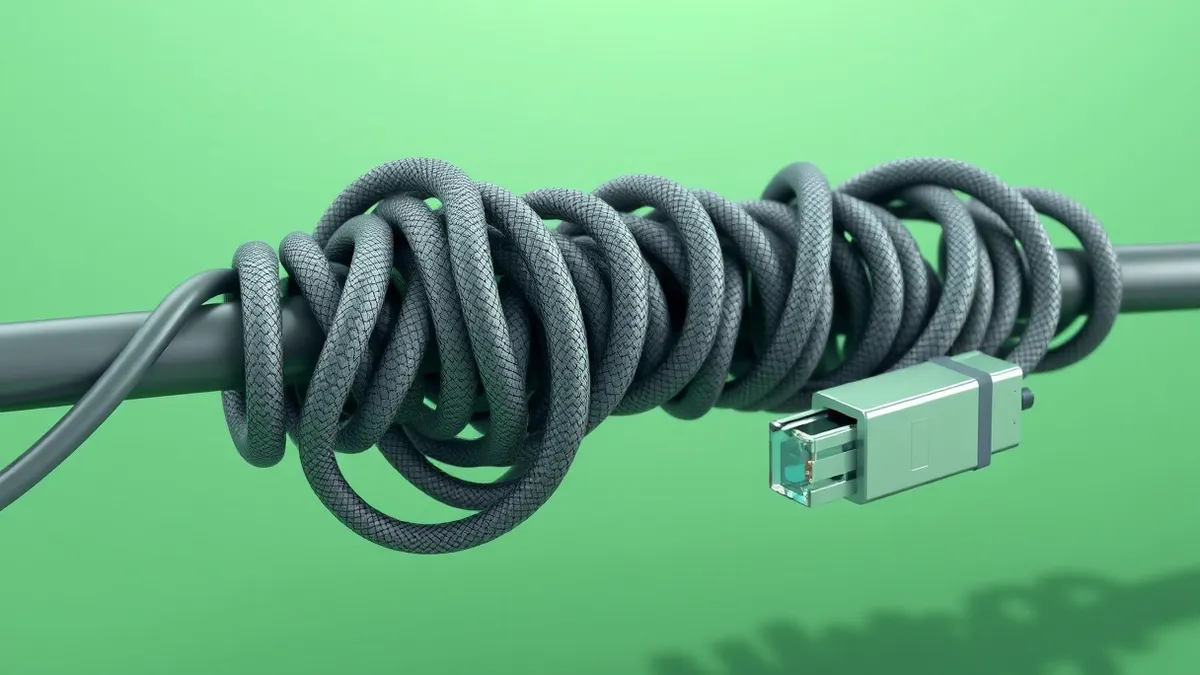 Illustration: A tangled mass of identical gray snakes slithers across a network cable, each one mirroring the next in a continuous, self-replicating chain that spreads silently thr