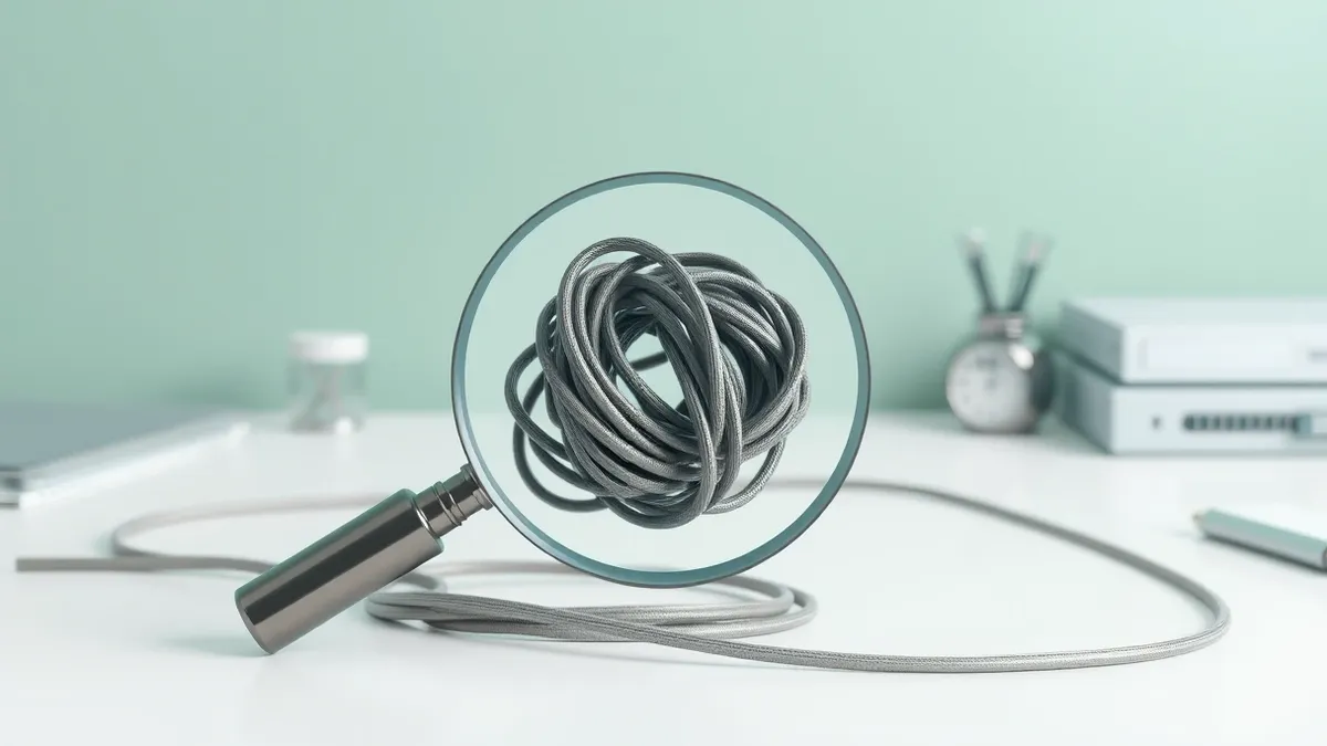 Illustration: A magnifying glass hovers over a tangled knot of grey wire on a white desk.
