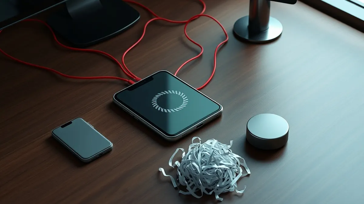 Illustration: A sleek smartphone rests on a wooden desk, its screen displaying a generic loading circle.