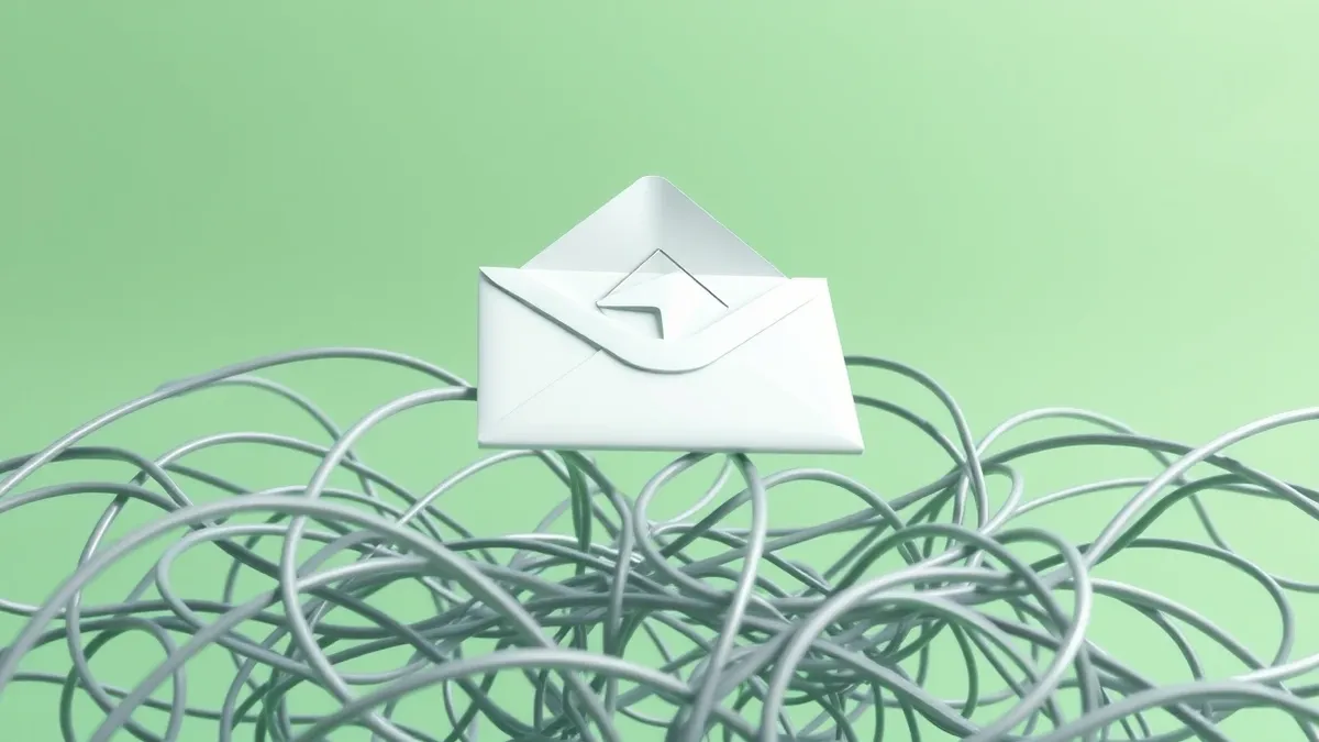 Illustration: A white envelope floats above a tangled web of gray wires.