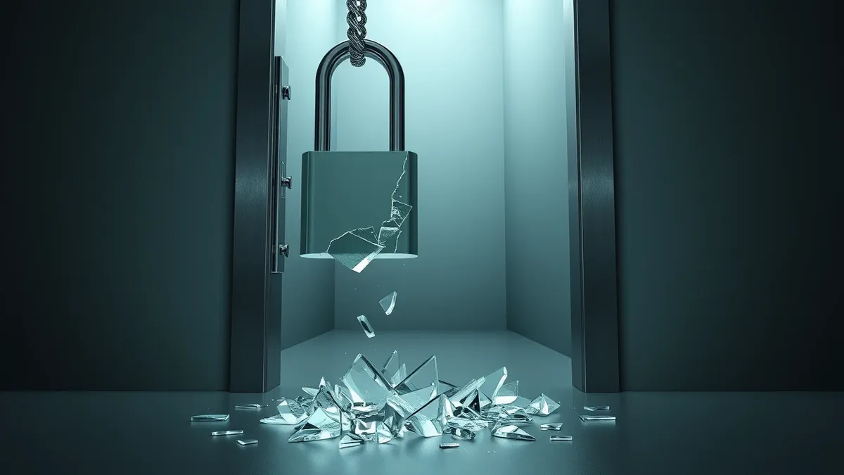 Illustration: A broken digital lock hangs open on a heavy steel door, revealing a dark, empty hallway beyond.