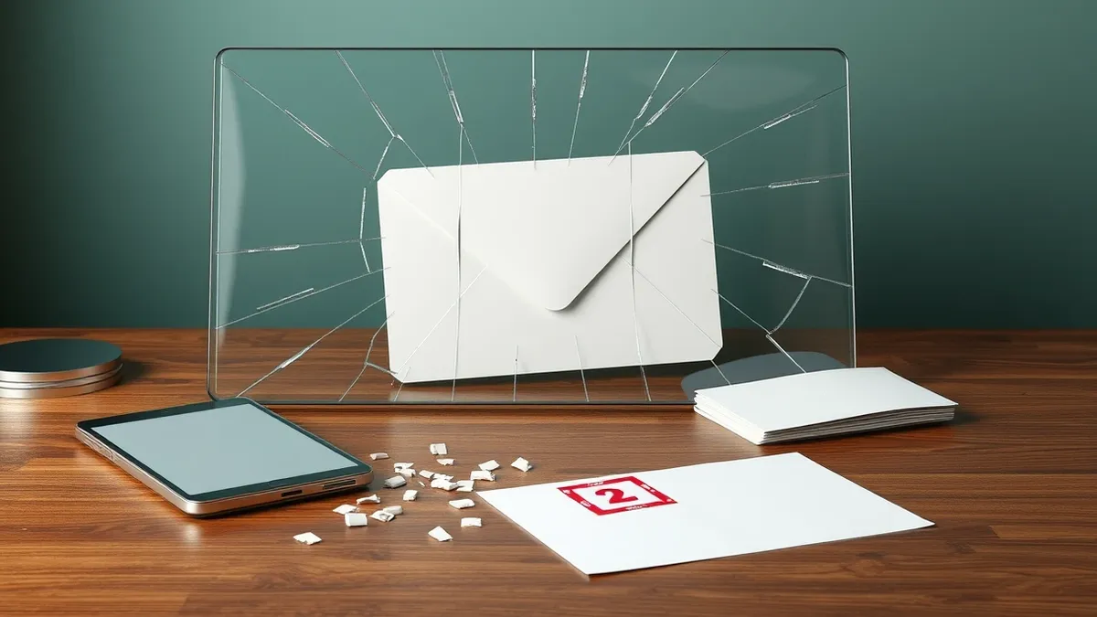 Illustration: A cracked glass pane sits on a wooden desk, reflecting a blank white envelope.