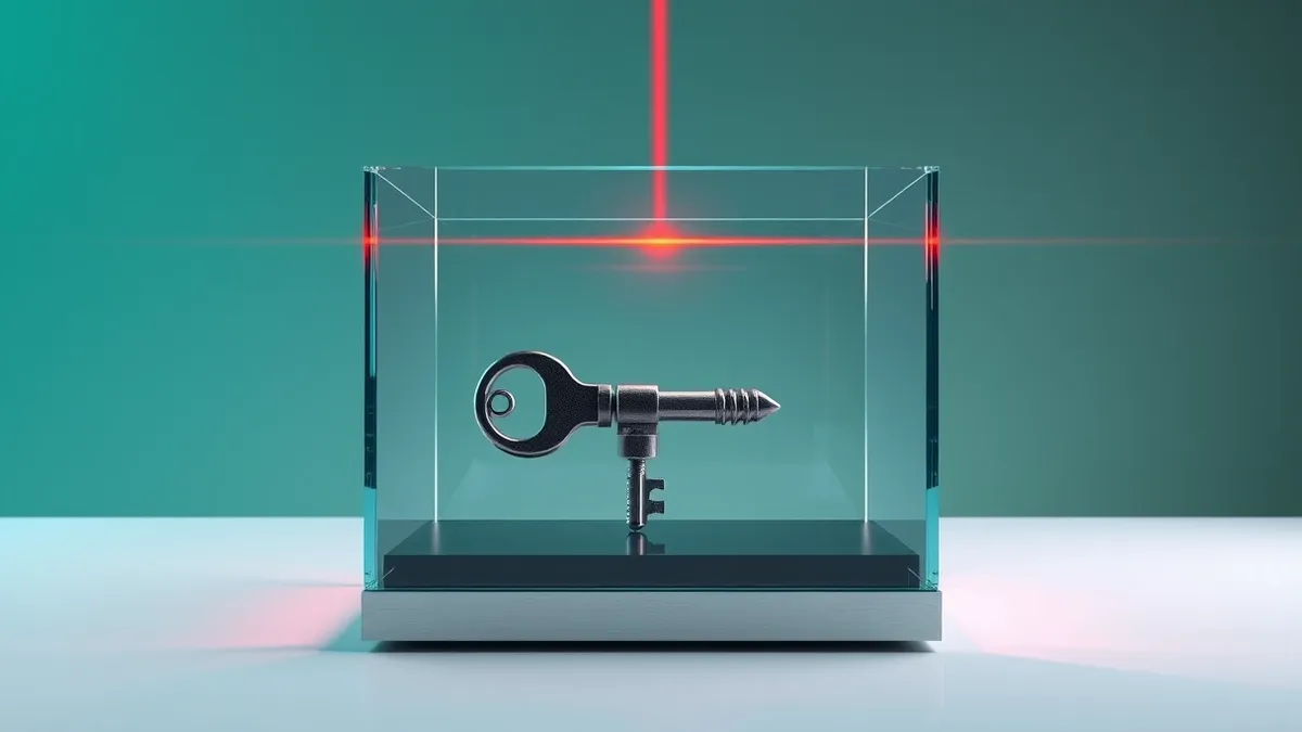 Illustration: A single, heavy iron key rests inside a fragile glass box on a sterile white desk.