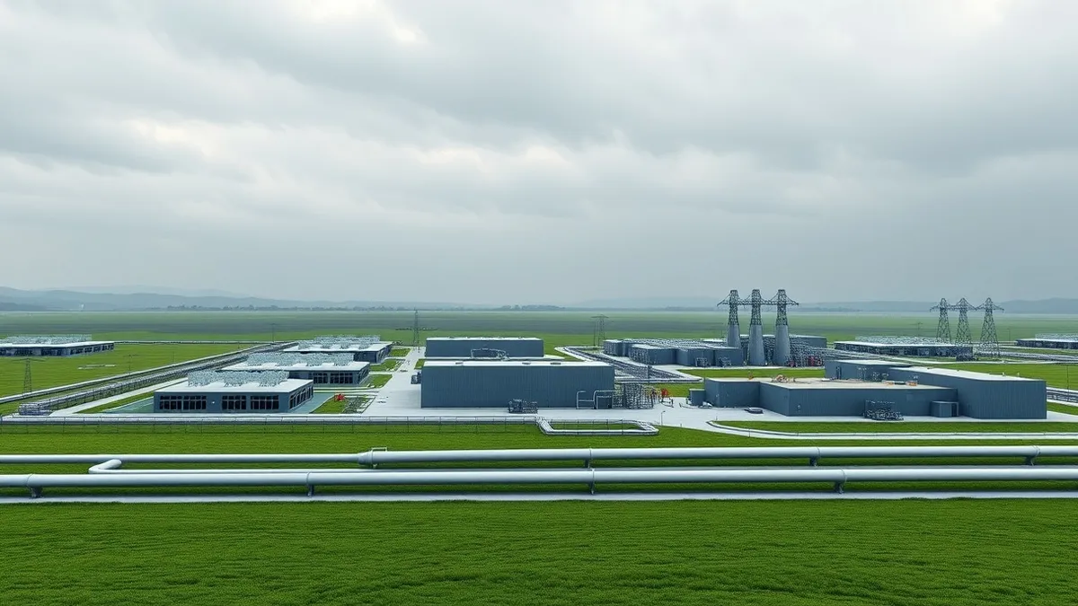 Illustration: A sprawling complex of identical low-rise industrial buildings sits on a vast grassy plain under an overcast sky.