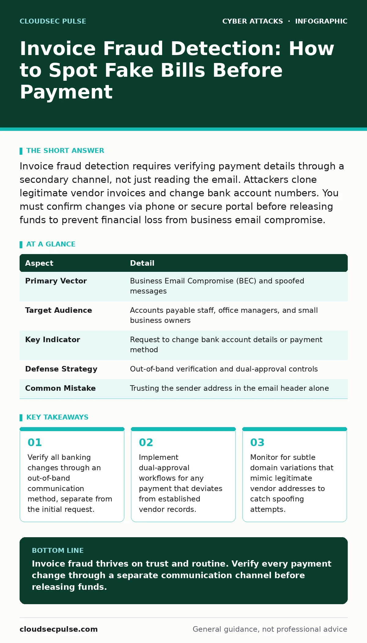 Infographic: Invoice Fraud Detection: How to Spot Fake Bills Before Payment. Verify all banking changes through an out-of-band communication method, separate from the initial request. Implement dual-approval workflows for any payment that deviates from established vendor records. Monitor for subtle