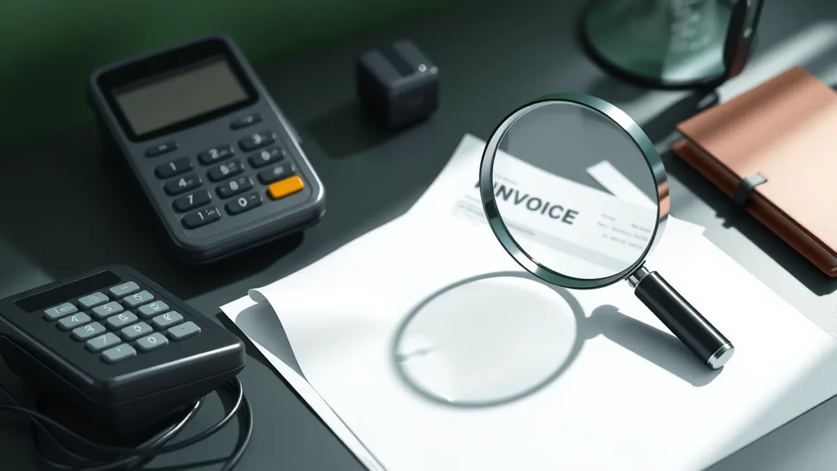 Illustration: A crumpled paper invoice rests on a cluttered office desk next to a sleek payment terminal.