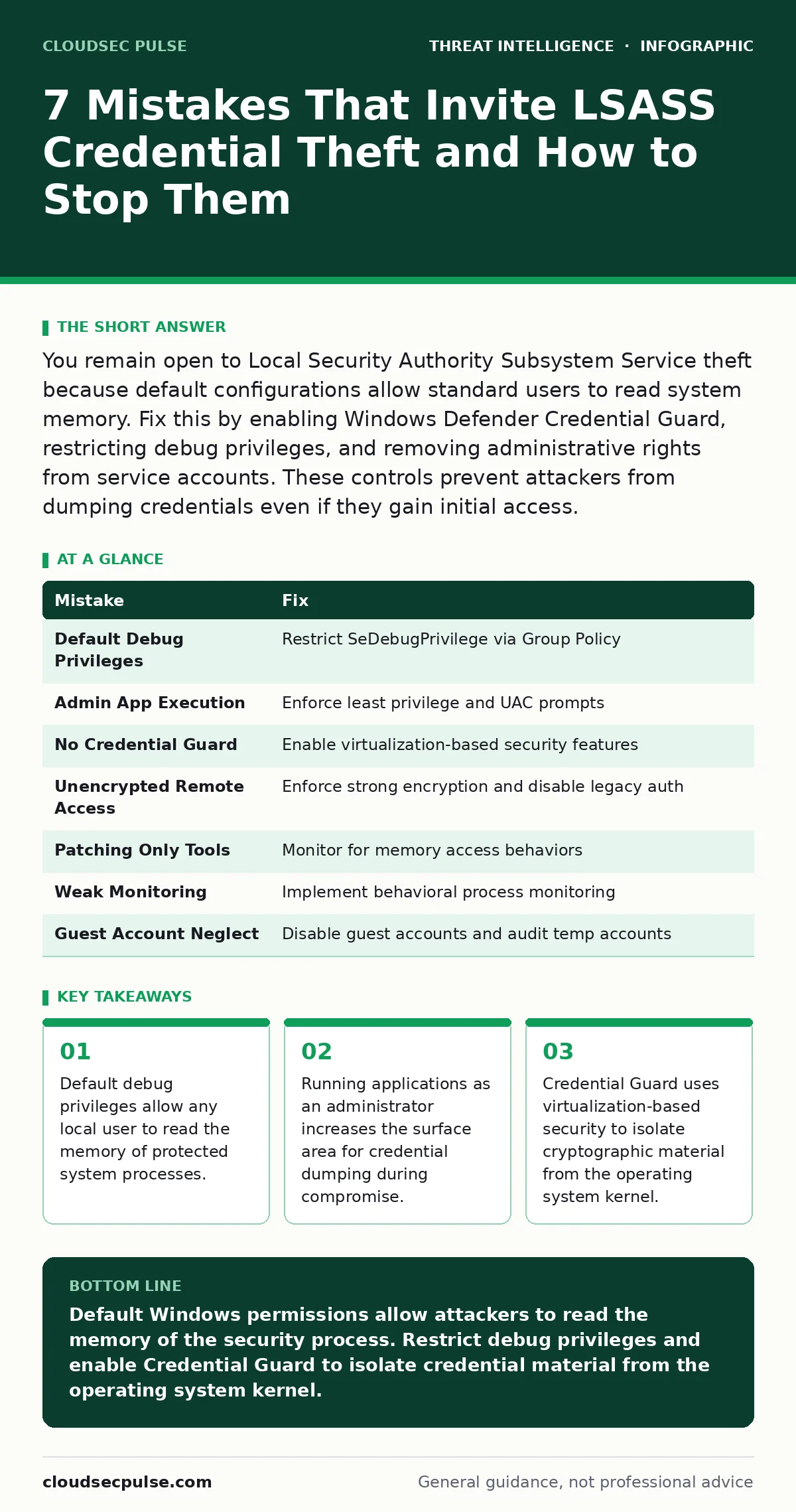 Infographic: 7 Mistakes That Invite LSASS Credential Theft and How to Stop Them. Default debug privileges allow any local user to read the memory of protected system processes. Running applications as an administrator increases the surface area for credential dumping during compromise. Credential Gu