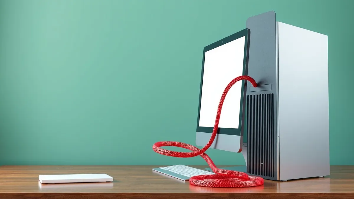 Illustration: A standard office desktop computer sits on a wooden desk with its monitor displaying a blank white screen.