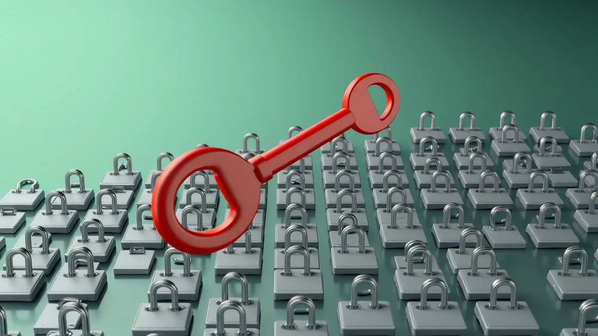 Illustration: A single red key hovers above a grid of hundreds of blank login cards.