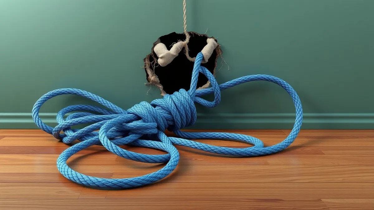 Illustration: A tangled knot of blue ropes lies on a wooden floor, with one end slipping through a small hole in the wall.