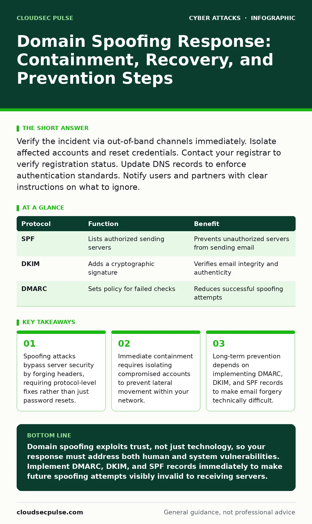 Infographic: Domain Spoofing Response: Containment, Recovery, and Prevention Steps. Spoofing attacks bypass server security by forging headers, requiring protocol-level fixes rather than just password resets. Immediate containment requires isolating compromised accounts to prevent lateral movement w