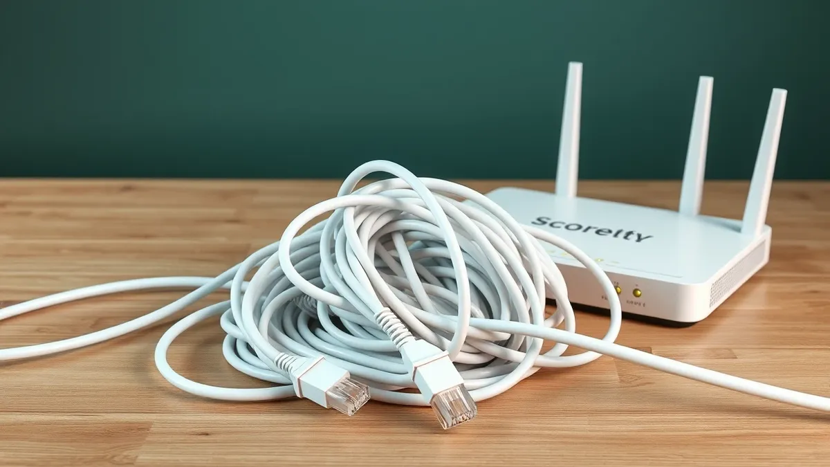 Illustration: A tangled knot of white ethernet cables rests on a clean wooden desk, symbolizing the twisted confusion of spoofed identities.