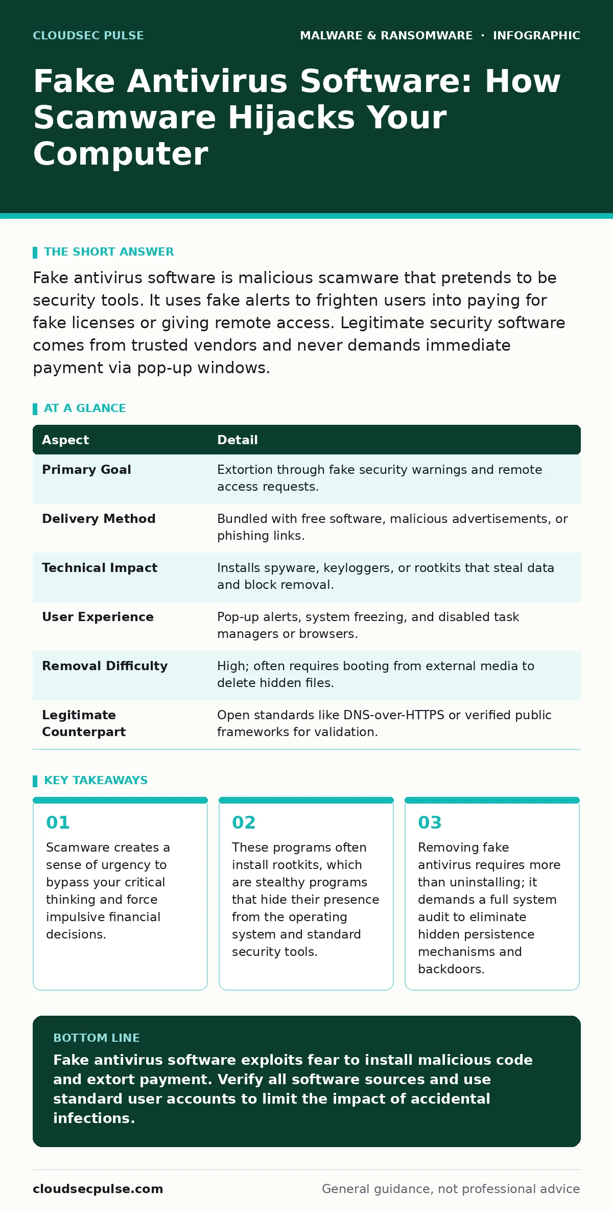 Infographic: Fake Antivirus Software: How Scamware Hijacks Your Computer. Scamware creates a sense of urgency to bypass your critical thinking and force impulsive financial decisions. These programs often install rootkits, which are stealthy programs that hide their presence from the operating syste