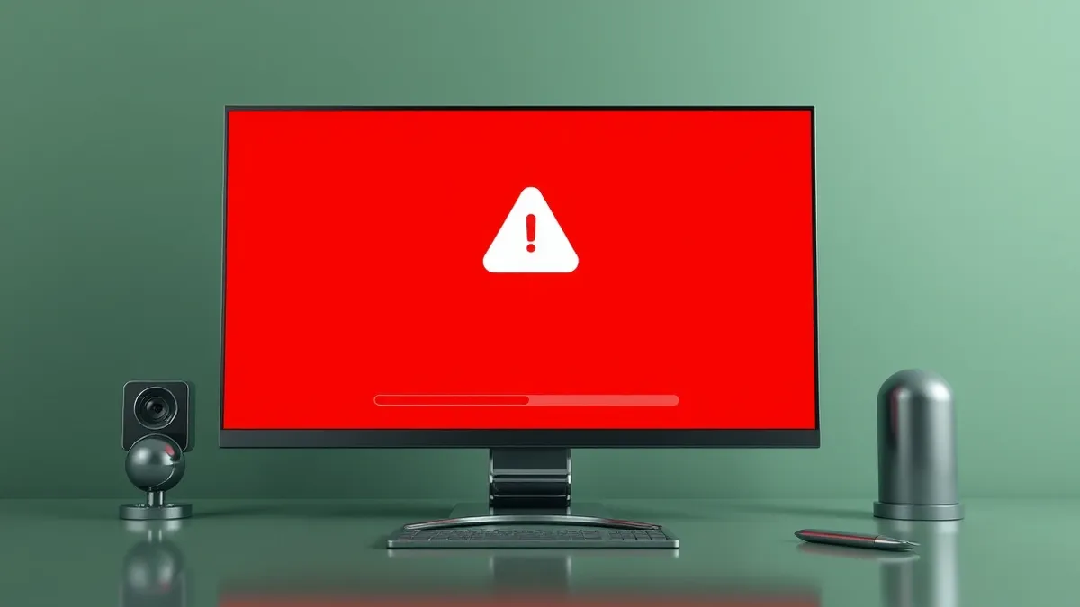 Illustration: A desktop computer monitor displays a bright red warning panel that completely covers the desktop background.