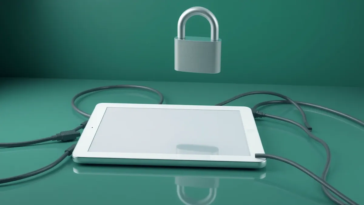Illustration: A blank tablet rests on a desk beside a tangle of disconnected power cables.