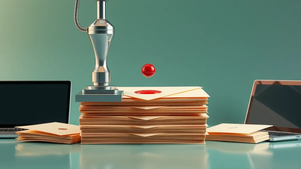 Illustration: A large metal stamp presses onto a stack of thick beige envelopes, pausing mid-air.