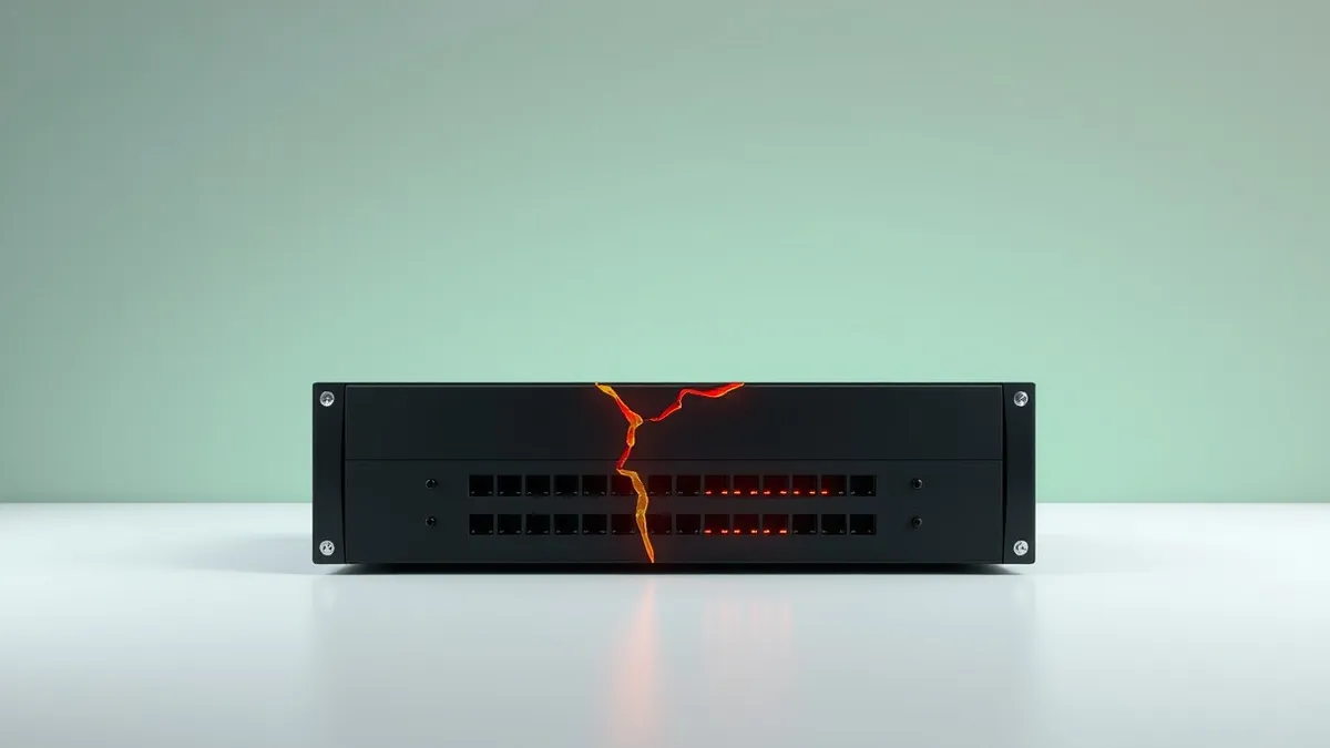 Illustration: A black rack-mounted network switch sits isolated on a plain white surface.