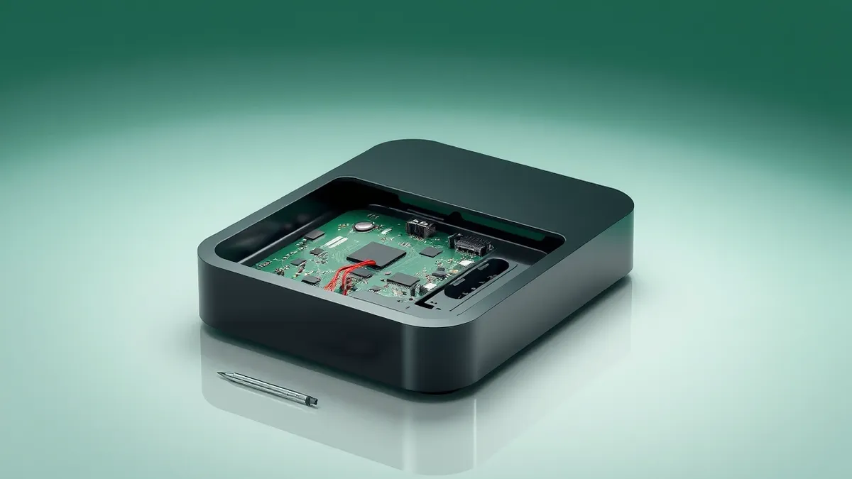 Illustration: A black rectangular streaming media box sits on a plain white surface with its casing pried open to reveal a green circuit board inside.
