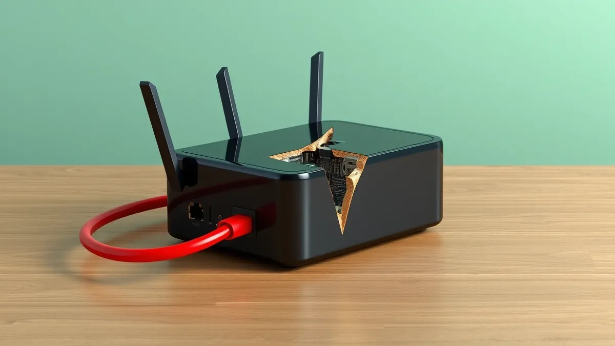 Illustration: A small black wireless router sits on a plain wooden table.