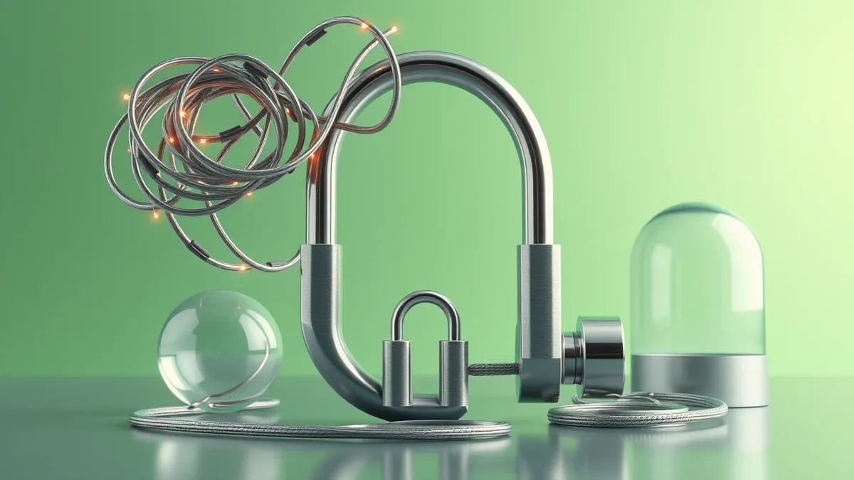 Illustration: A tangled knot of glowing wires floats above an empty metal lock mechanism.