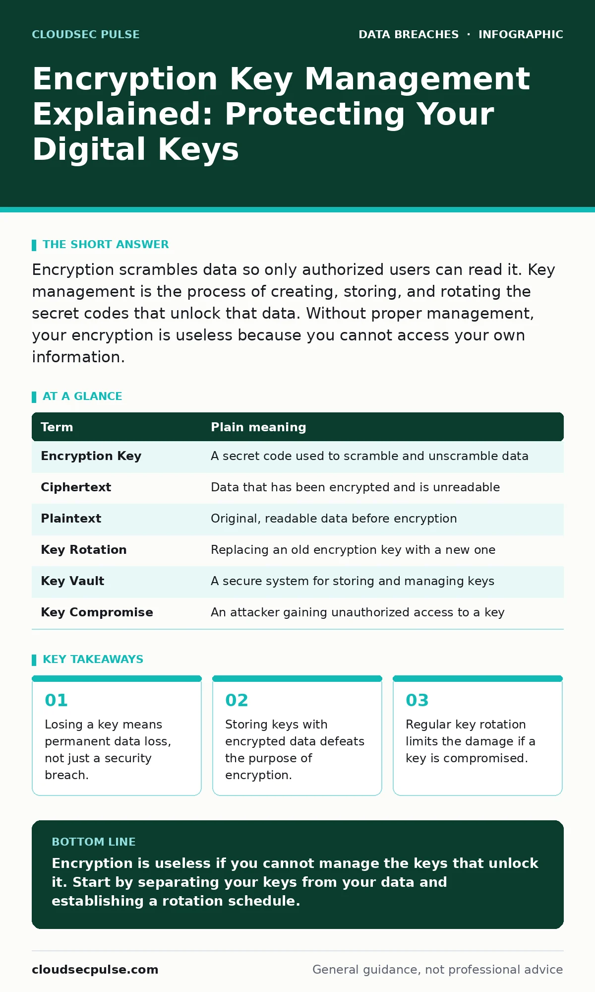 Infographic: Encryption Key Management Explained: Protecting Your Digital Keys. Losing a key means permanent data loss, not just a security breach. Storing keys with encrypted data defeats the purpose of encryption. Regular key rotation limits the damage if a key is compromised.