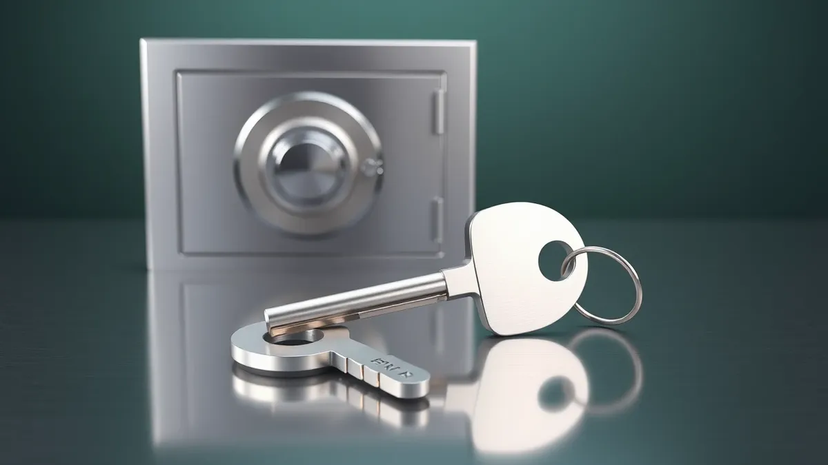 Illustration: A single metallic key rests on a cold steel table next to a sealed metal safe.