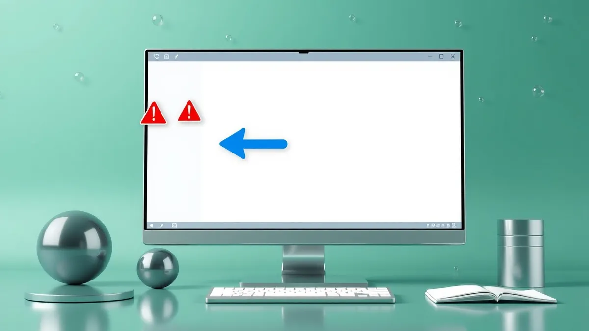 Illustration: A sleek computer monitor displays a blank code editor window with a single red warning icon floating near the top left corner.
