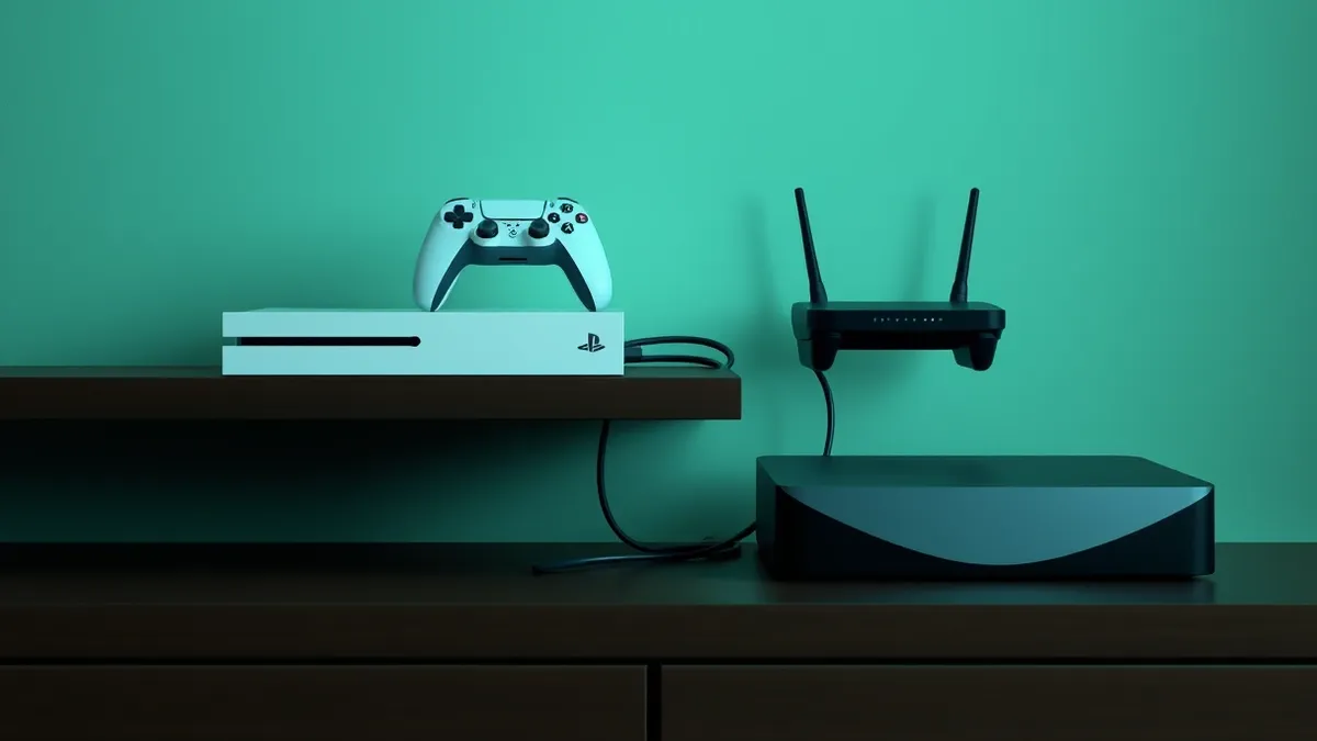 Illustration: A white game console sits on a dark wooden shelf, connected to a black controller with a glossy finish.