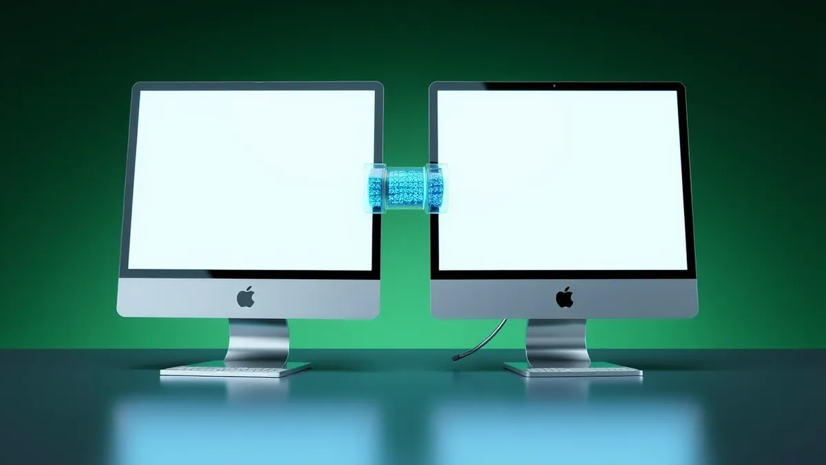 Illustration: A translucent glass pipe connects two identical computer monitors, allowing glowing blue data streams to leak silently from one screen to the other through a tiny, un