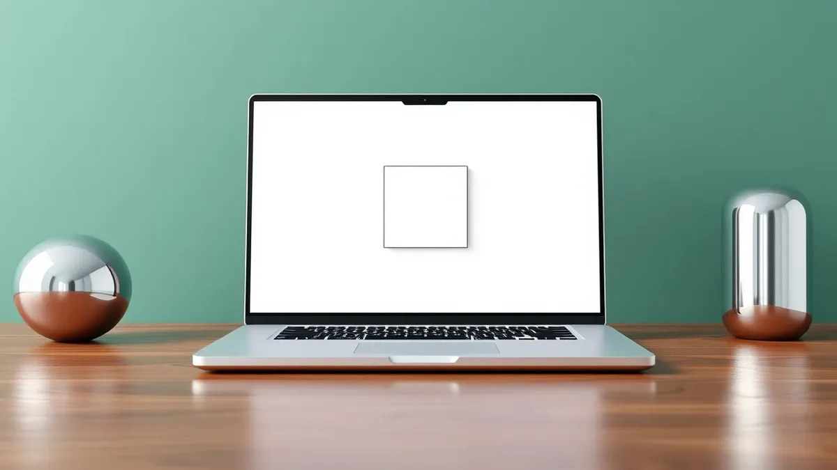 Illustration: A pristine silver laptop sits on a wooden desk, its screen displaying a clean interface of geometric shapes.