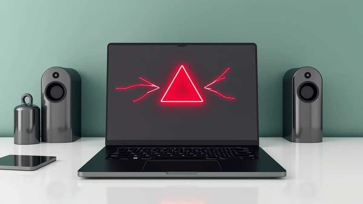 Illustration: A sleek black corporate laptop sits alone on a pristine white desk, its screen displaying a large, glowing red triangle warning symbol.
