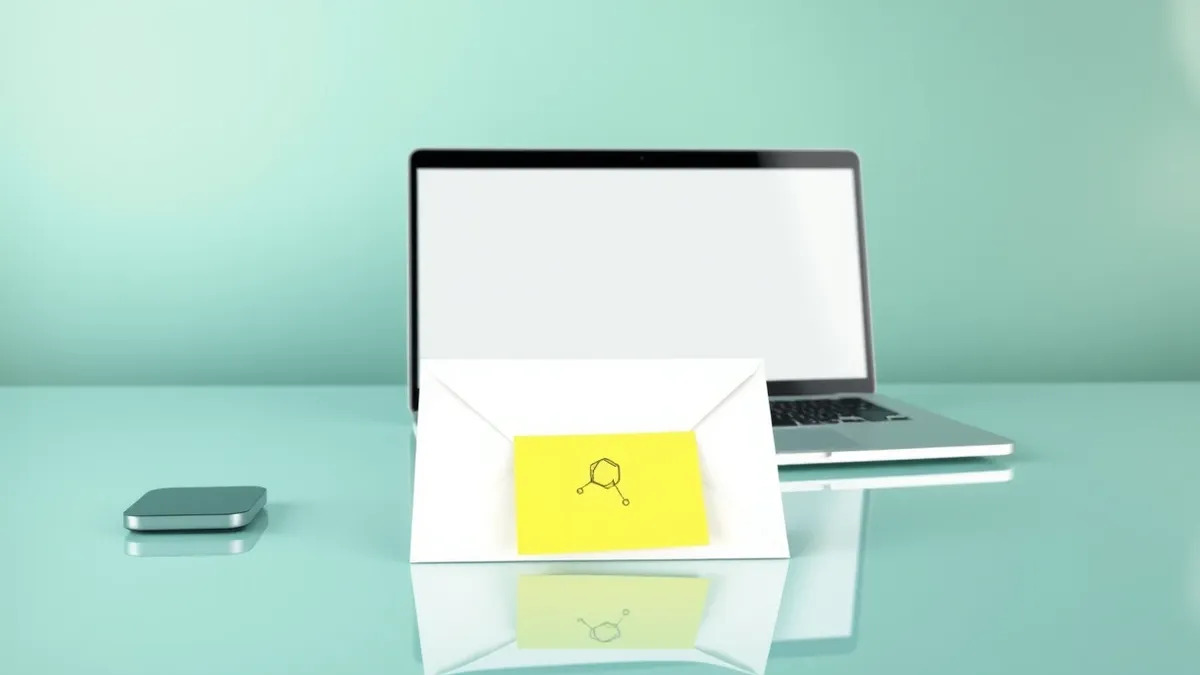 Illustration: A clean desk holds a white envelope with a bright yellow sticky note attached to its front.