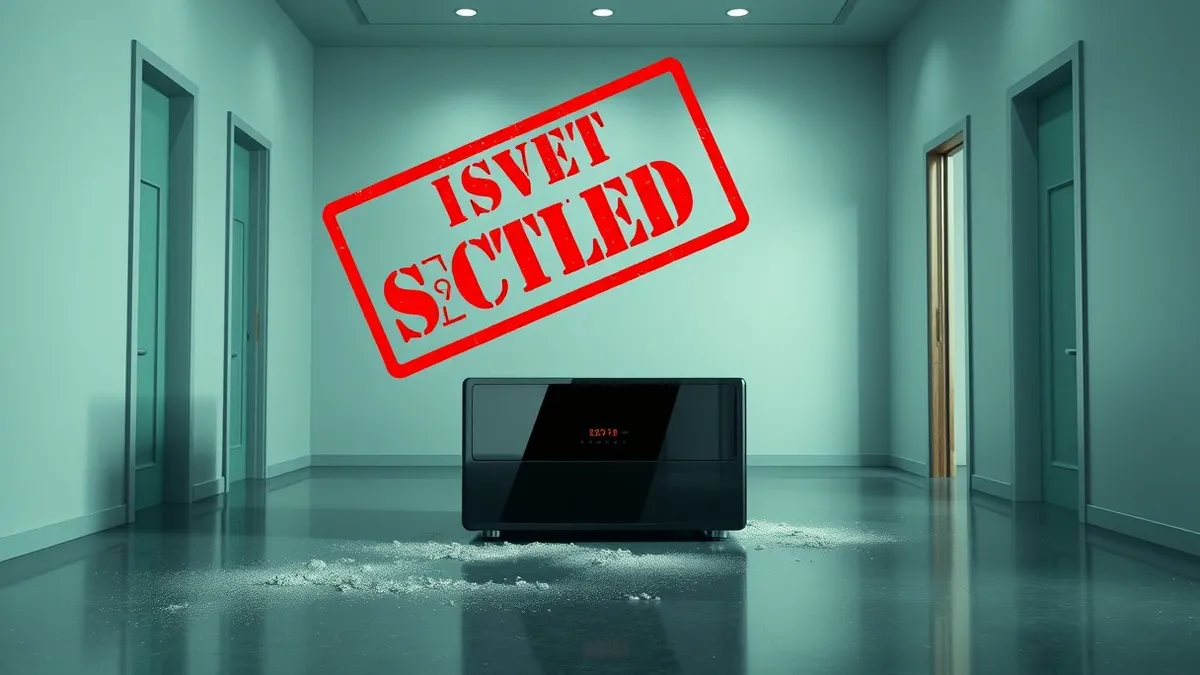 Illustration: A sleek security server sits abandoned in an empty room as a red stamp hovers above it.