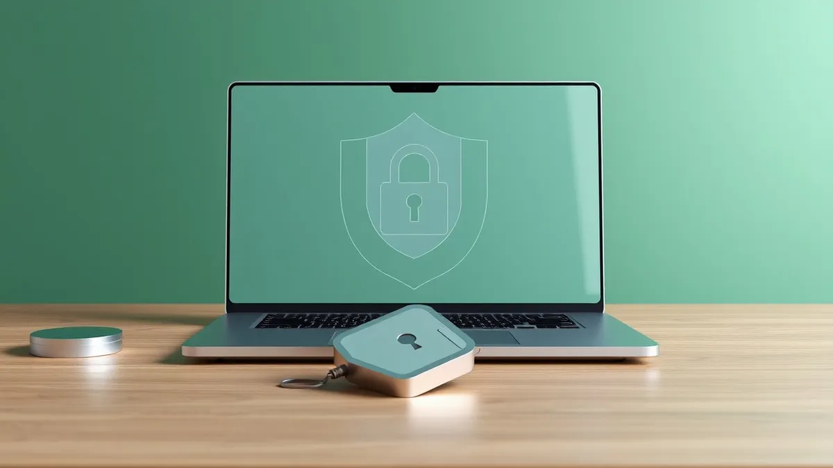 Illustration: A sleek silver laptop sits on a clean wooden desk, its screen displaying a simple lock icon surrounded by overlapping translucent shields.