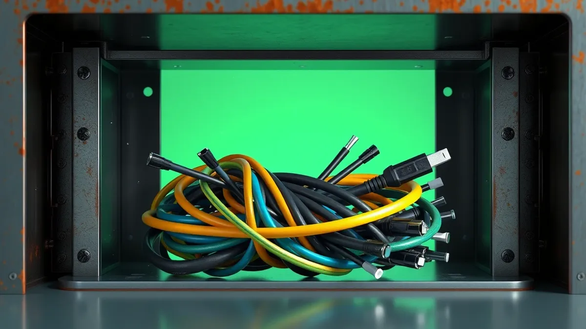 Illustration: A tangled knot of colorful fiber optic cables sits inside an open, rusted metal junction box.