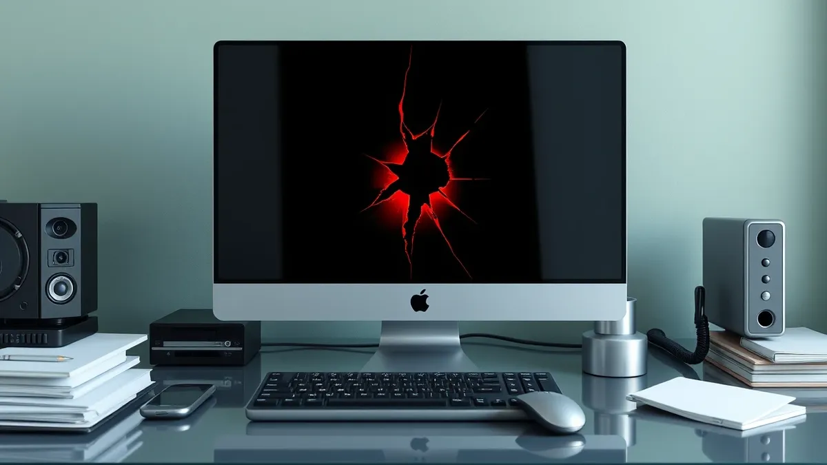 Illustration: A Windows desktop computer sits on a cluttered office desk.