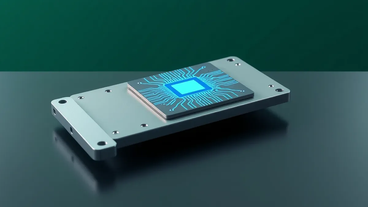 Illustration: A sleek, minimalist server blade rests on a dark surface, its exposed silicon die glowing with soft blue light.