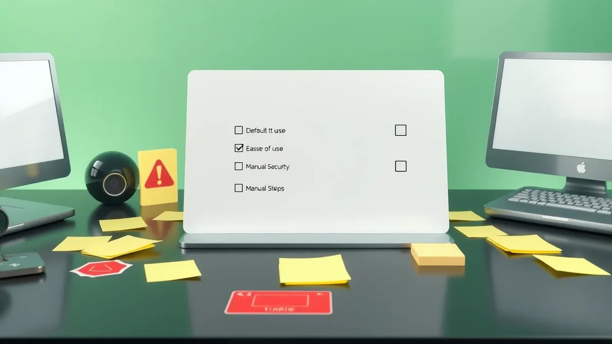 Illustration: A blank configuration panel sits on a desk, surrounded by scattered sticky notes and a red warning sticker.