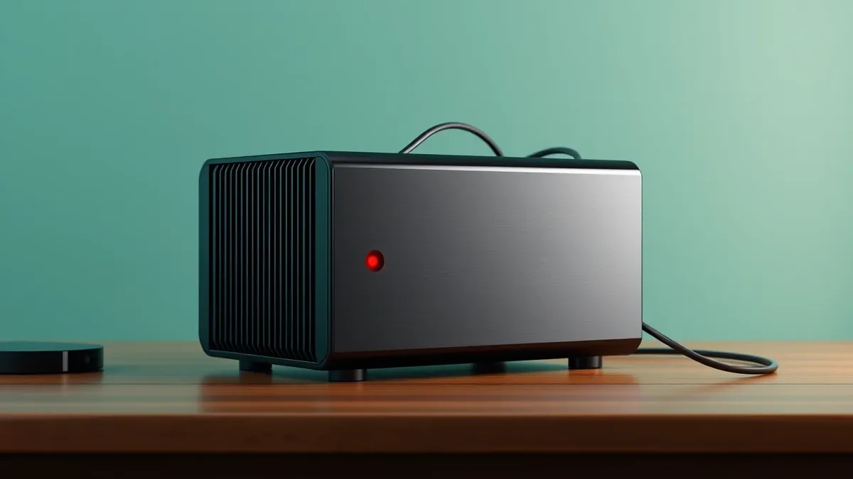 Illustration: A sleek black firewall box sits on a wooden desk with a single red warning light blinking on its front panel.