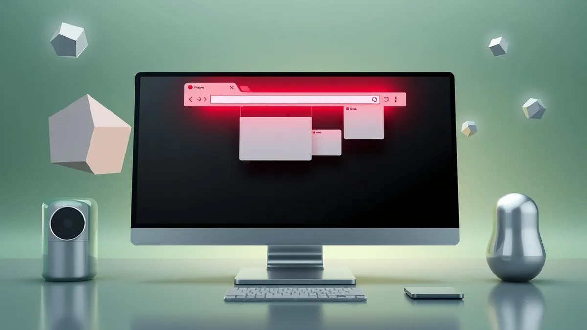 Illustration: A desktop monitor displays a web browser with a distorted homepage.