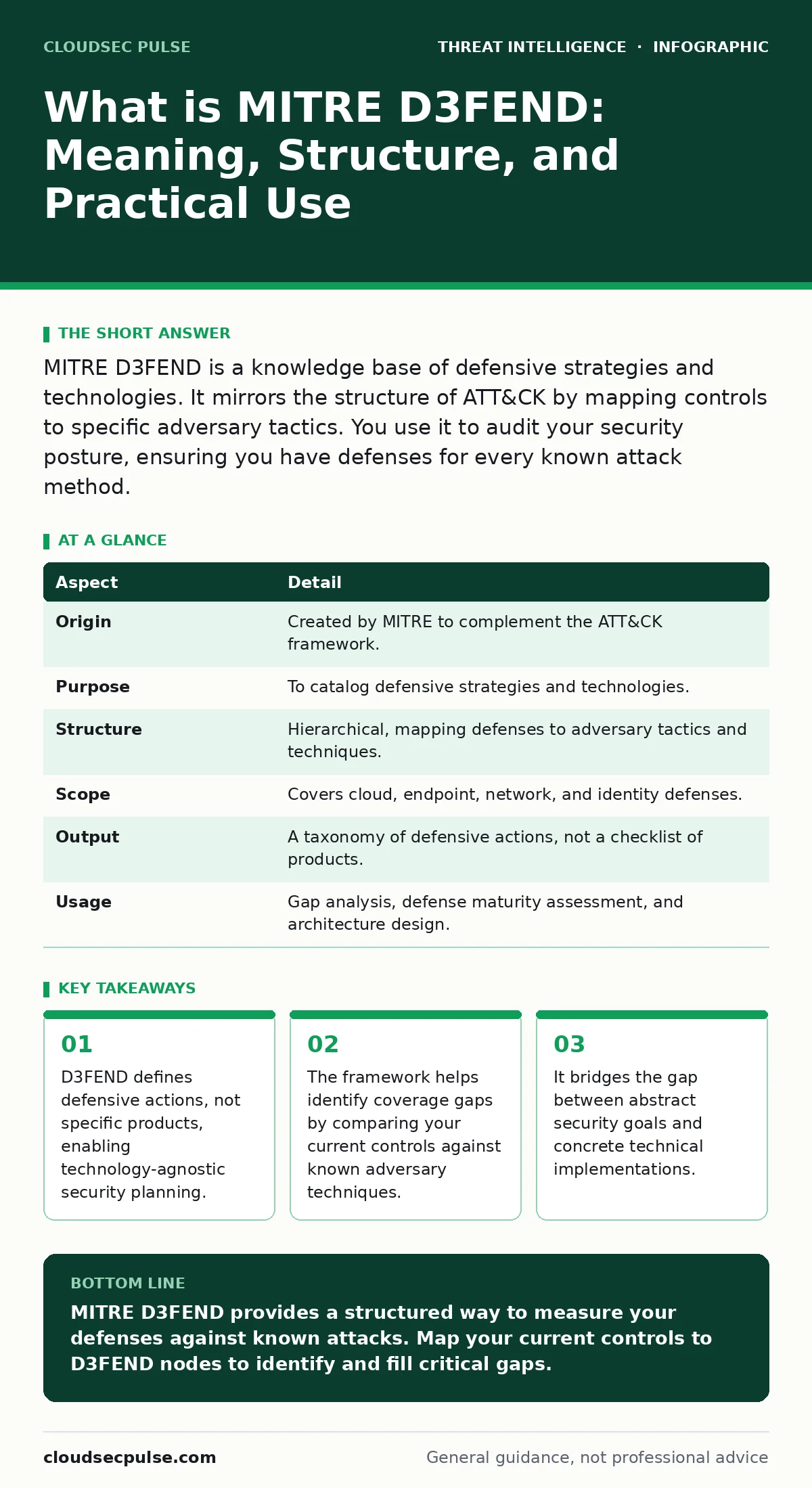 Infographic: What is MITRE D3FEND: Meaning, Structure, and Practical Use. D3FEND defines defensive actions, not specific products, enabling technology-agnostic security planning. The framework helps identify coverage gaps by comparing your current controls against known adversary techniques. It brid