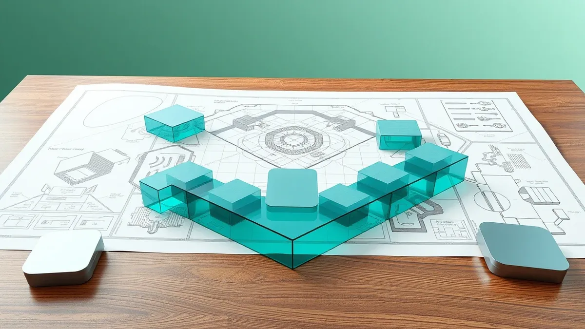 Illustration: A large architectural blueprint spreads across a wooden table, featuring intricate geometric patterns that map defensive structures against jagged attack vectors.